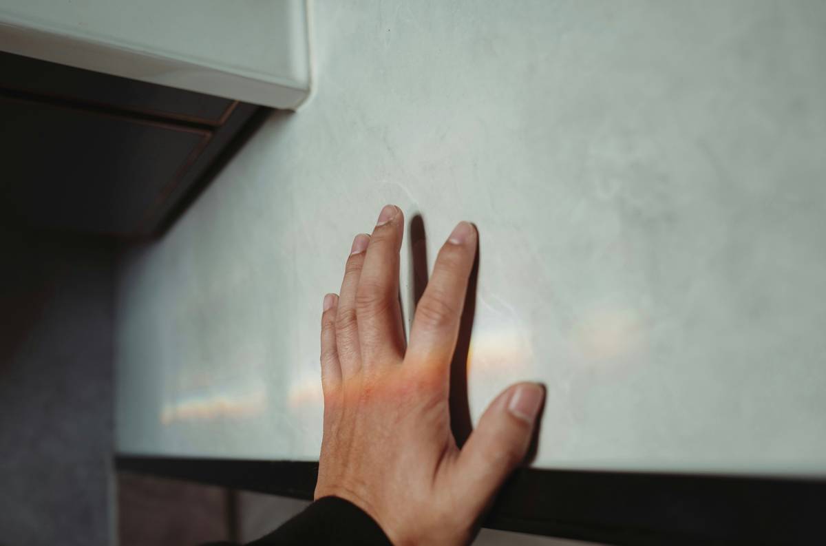 A smiling Pom named Bella mid-trick, touching her owner’s hand.